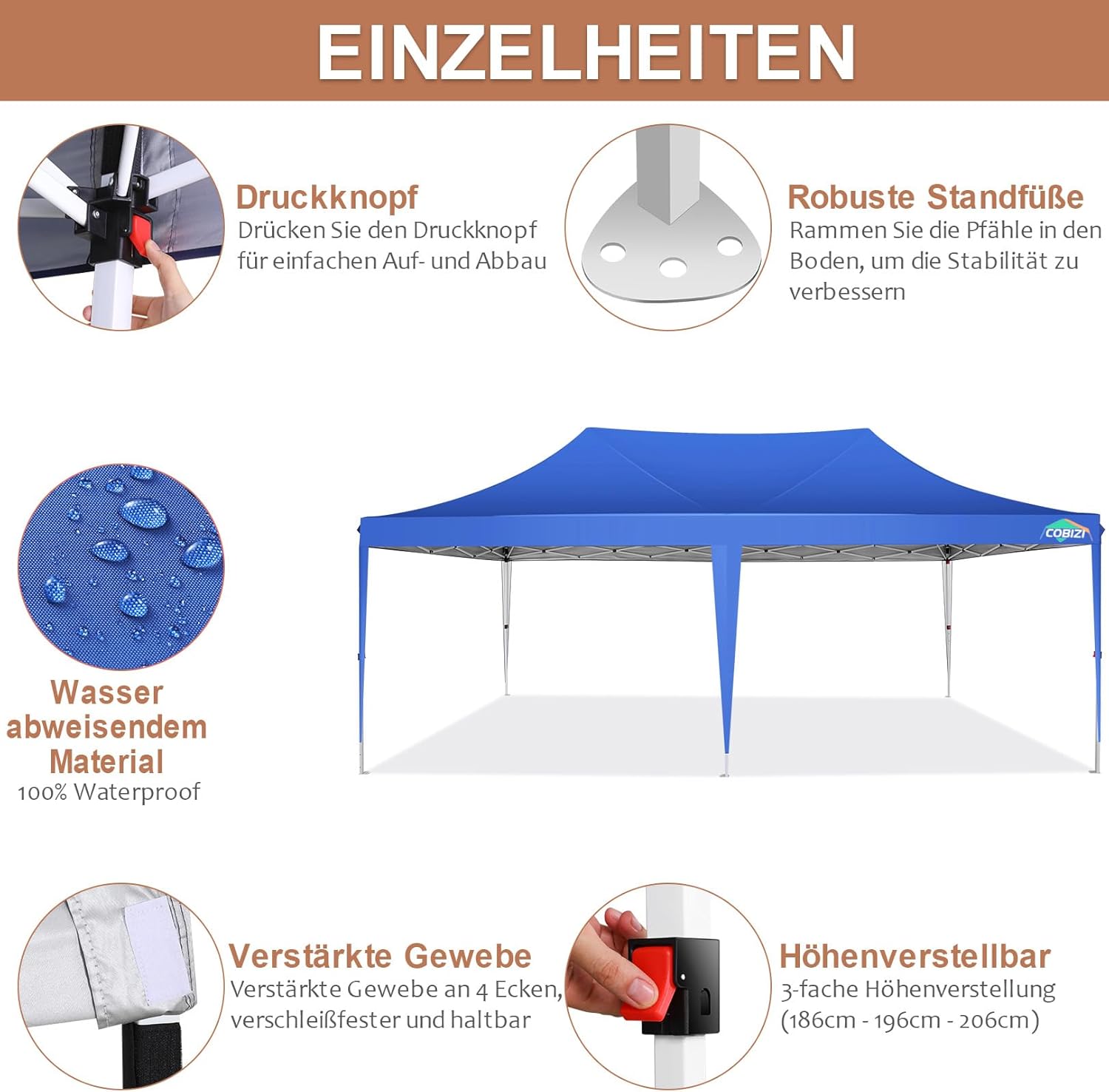 COBIZI Gazebo 3x6 Pieghevole Impermeabile Stabile con 6 Pareti Laterali a Cono Tenda per Feste 3 Altezze Regolabili Protezione UV Borsa per il Trasporto Picchetti, Corde per Giardino, Matrimoni, Mercati, Eventi all'Aperto