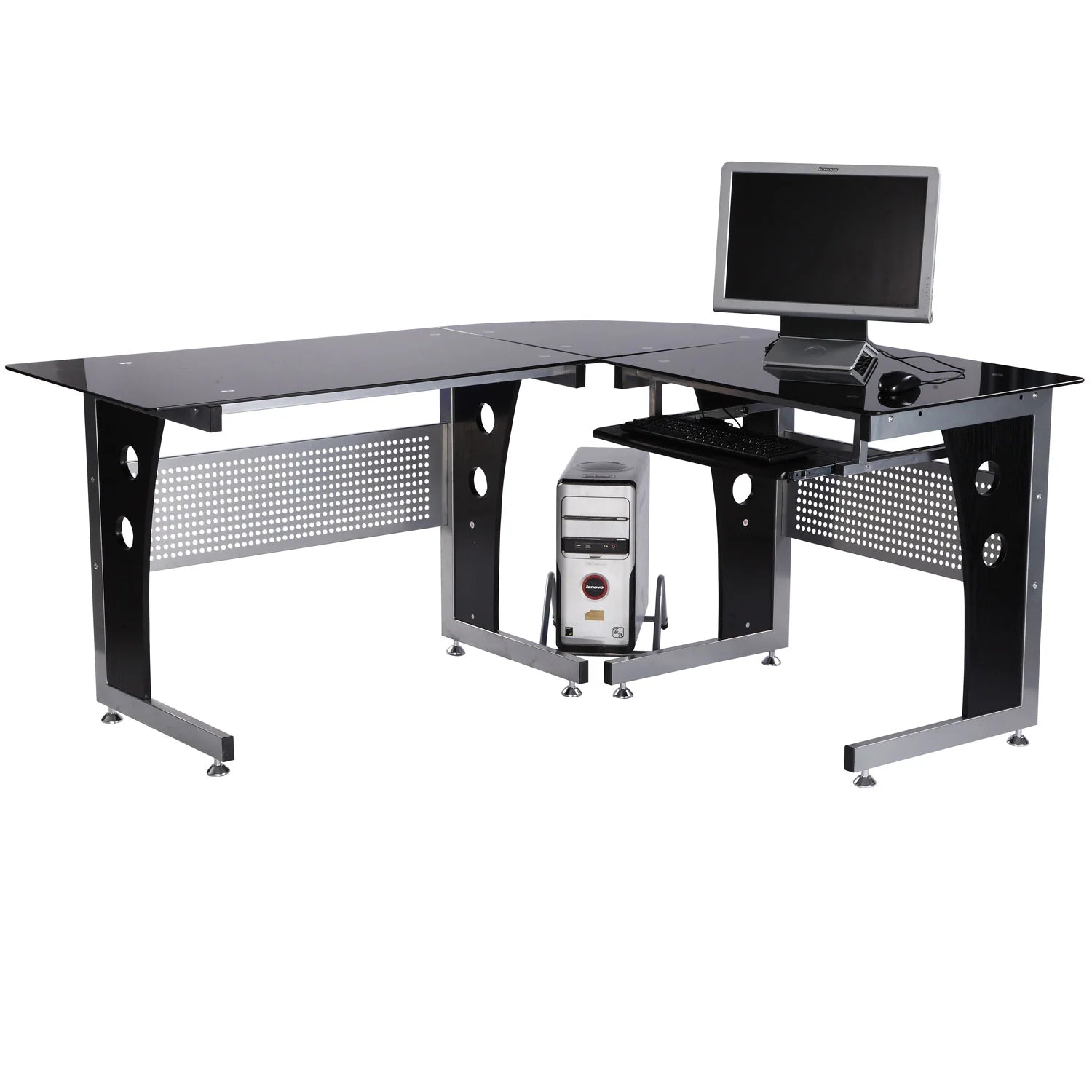 HOMCOM Scrivania angolare a L con vassoio per tastiera e supporto per PC tower