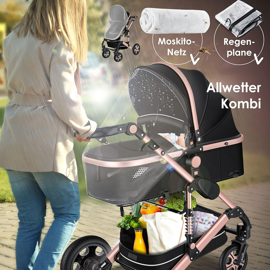 KESSER® Loops 3 in 1 Kinderwagen Kombikinderwagen Komplett-Set inkl. Babywanne & Buggy Sportsitz & Auto-Babyschale Voll-Gummireifen Wickeltasche Regenschutz Kindertisch ECE R129, Schwarz/Schwarz