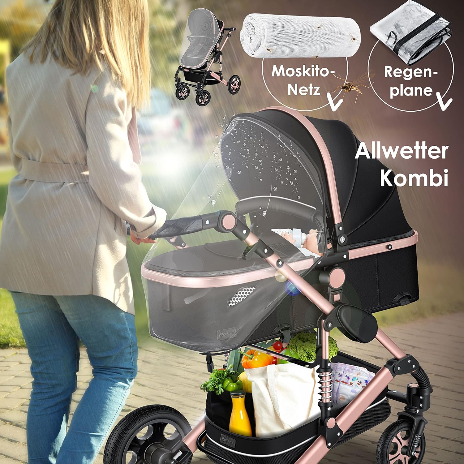 KESSER® Loops Passeggino Trio 3 in 1, Set Completo con Navicella, Seduta Passeggino e Seggiolino Auto Ovetto, Ruote in Gomma Piena, Borsa Fasciatoio, Parapioggia, Tavolino, ECE R129, Nero/Champagne