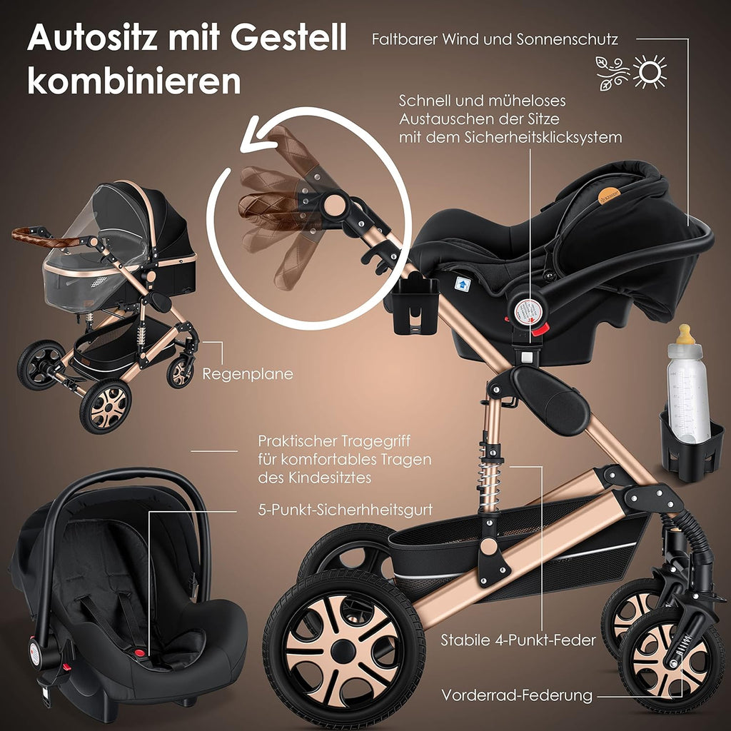 KESSER Passeggino trio Loops 3 in 1, set completo con navicella, seduta sportiva e seggiolino auto con pneumatici in gomma piena, borsa fasciatoio, parapioggia, tavolino, ECE R129, nero/champagne