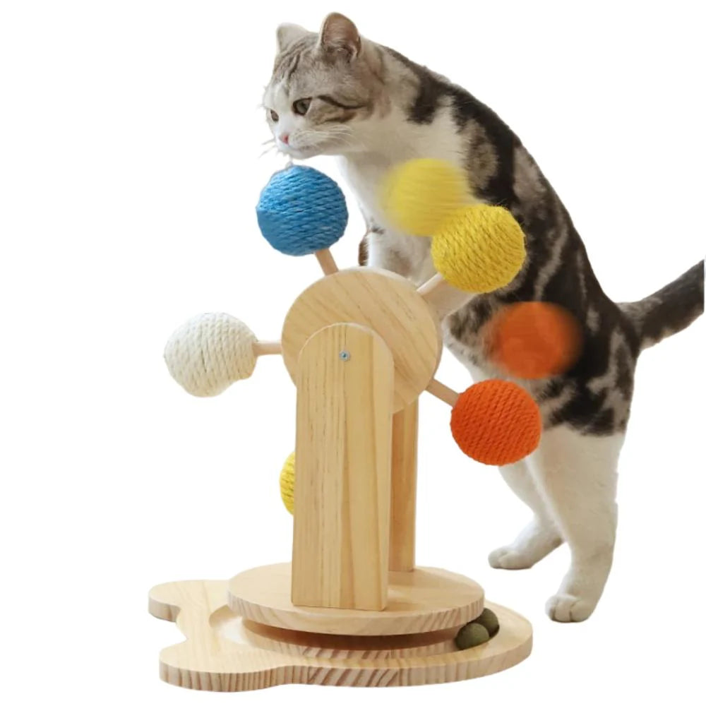 Giocattolo girevole per gatti in legno massiccio con palline di sisal