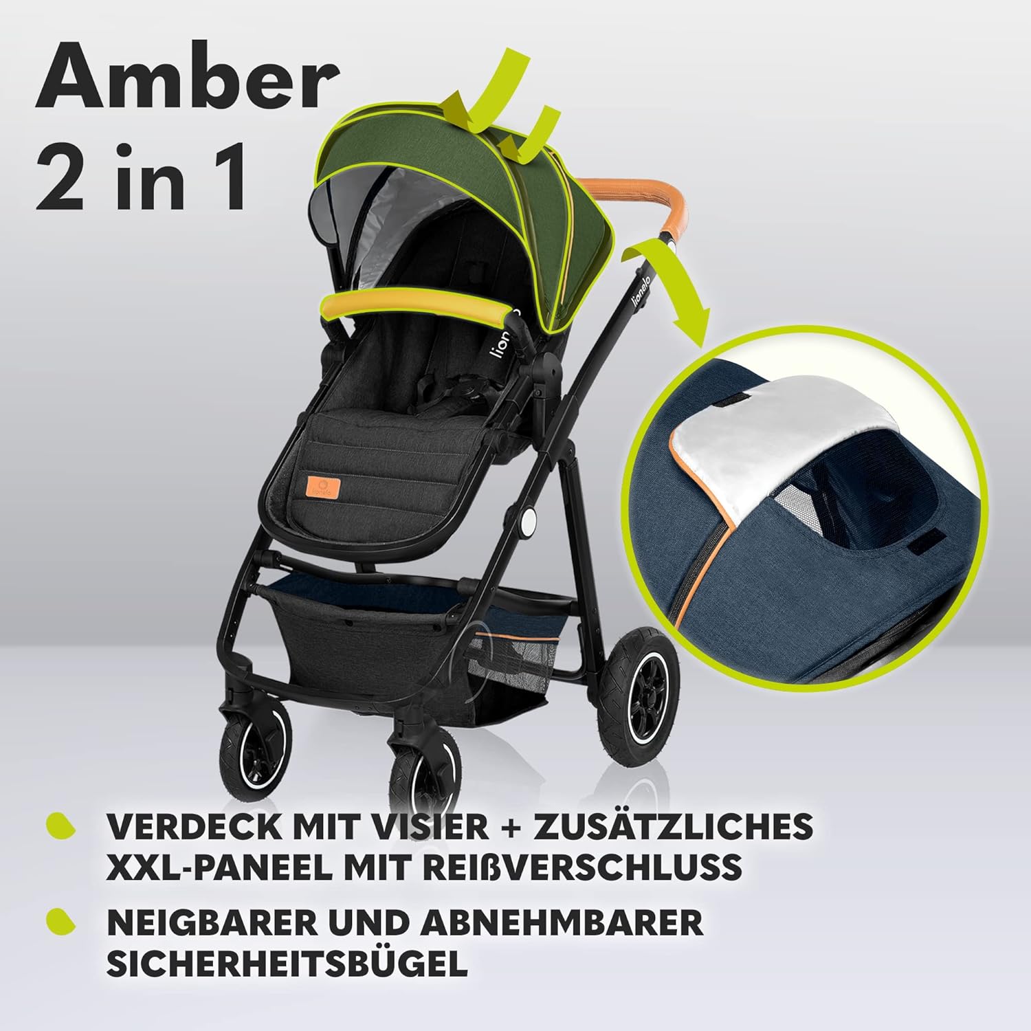 LIONELO Amber Kinderwagen 2 in 1 Kombikinderwagen, Kinderwagen Set mit sportlichen Sitz und fester Babywanne, Tasche, Moskitonetz, Abdeckung Regenblatt (Graphit)