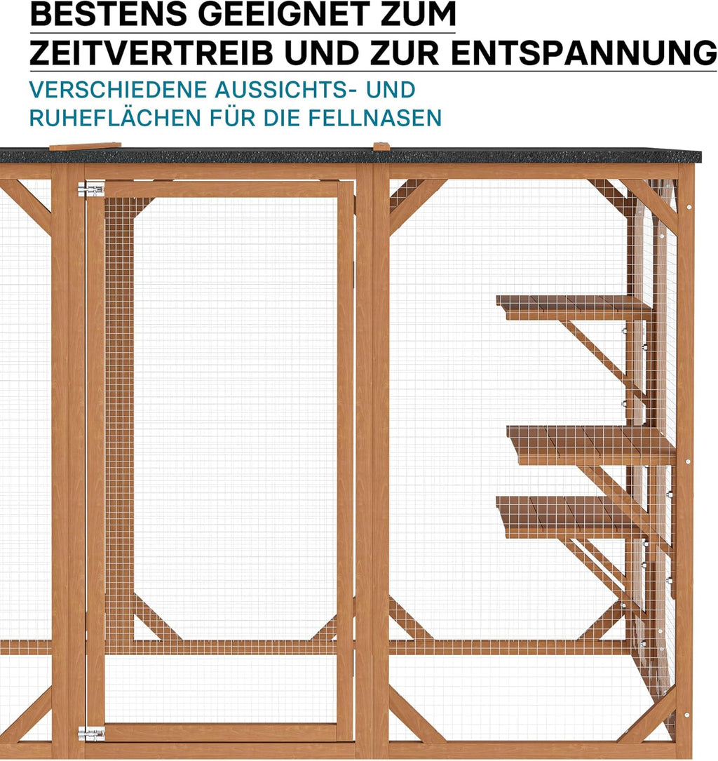 Wiltec Recinto esterno per gatti 168 x 82 x 166,5 cm con 6 piattaforme, gabbia per gatti da giardino resistente alle intemperie, cuccia per gatti con rete metallica e tetto in bitume