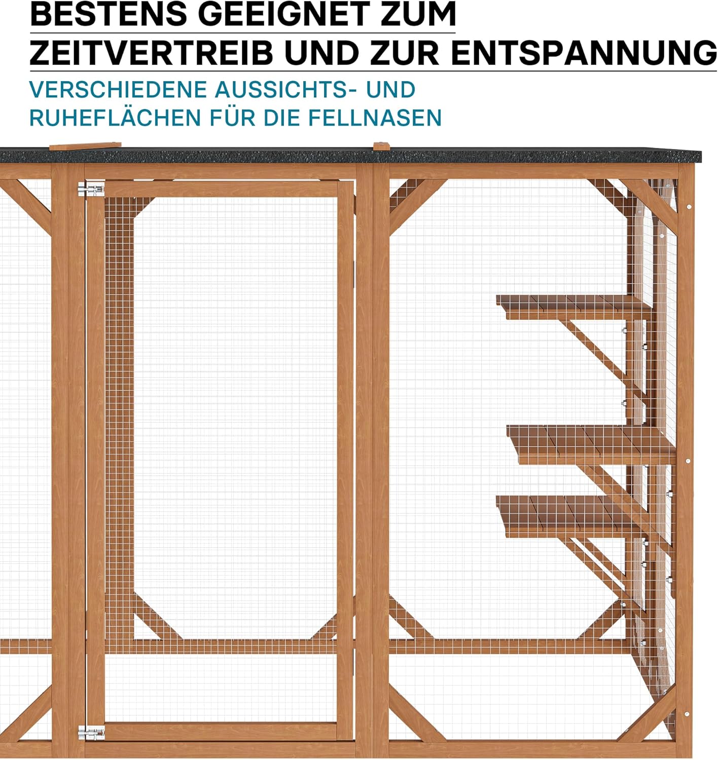 Wiltec Recinto esterno per gatti 168 x 82 x 166,5 cm con 6 piattaforme, gabbia per gatti da giardino resistente alle intemperie, cuccia per gatti con rete metallica e tetto in bitume