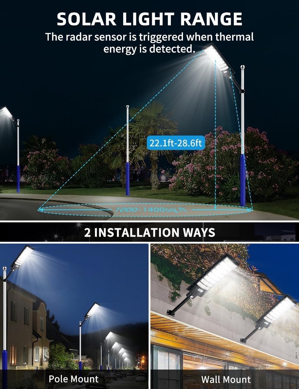 Sararoom 600W Straßenlaterne Solar Wegeleuchte, 594LEDs Solarlampe mit Bewegungsmelder, 6500K Wandleuchten mit Fernbedienung - IP65 Straßenlampe Außen Sicherheitsleuchte für Garten Garage Hof,4Pack