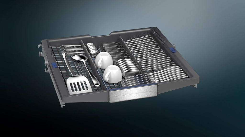 Siemens SN43ES14VE, lavastoviglie intelligente iQ300, lavastoviglie da incasso con cassetto portaposate, 60 cm, apertura automatica della porta grazie ad autoOpen dry, particolarmente silenziosa con motore iQdrive, aquaStop, acciaio inossidabile