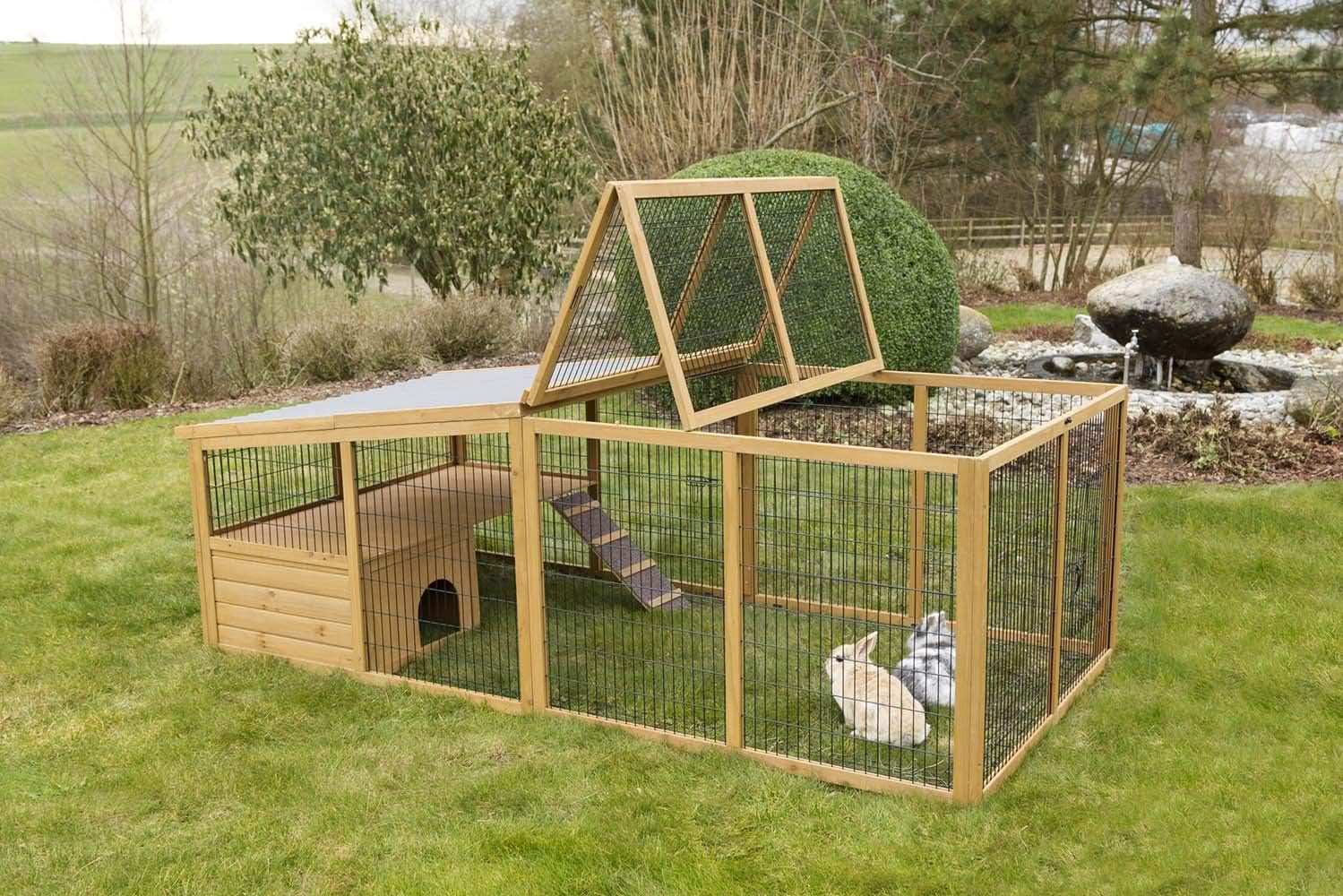 Kerbl Recinto per piccoli animali con blocco anti-fuga (spaziatura della griglia 2,5 cm, area esterna coperta, con tetto in plastica, inclusa casetta per piccoli animali + piattaforma panoramica) 81708