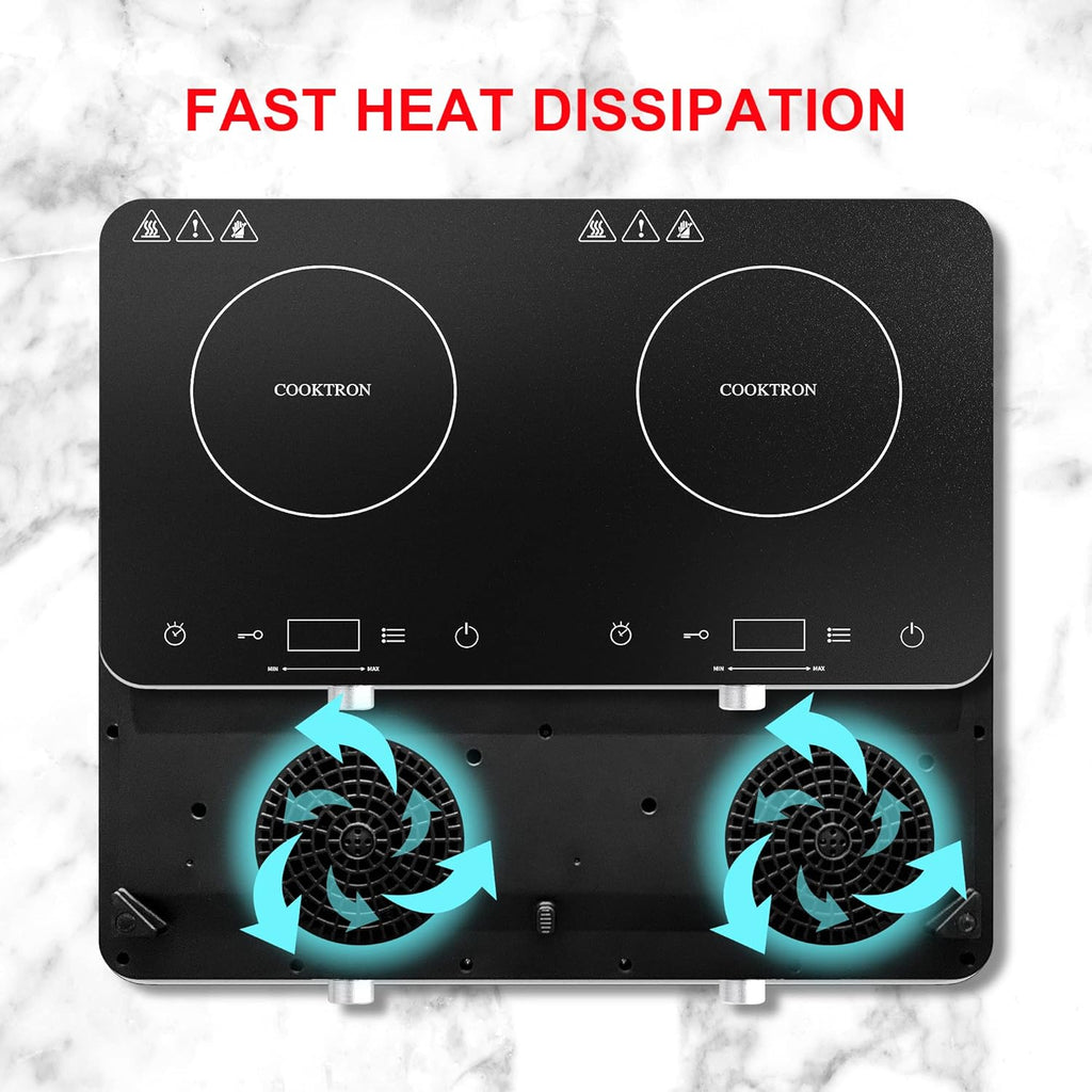 COOKTRON piano cottura a induzione a 2 fuochi, doppio piano cottura a induzione 3500W, 10 livelli di temperatura, 9 livelli di potenza, funzione Booster, timer di 4 ore, controllo touch, Nero