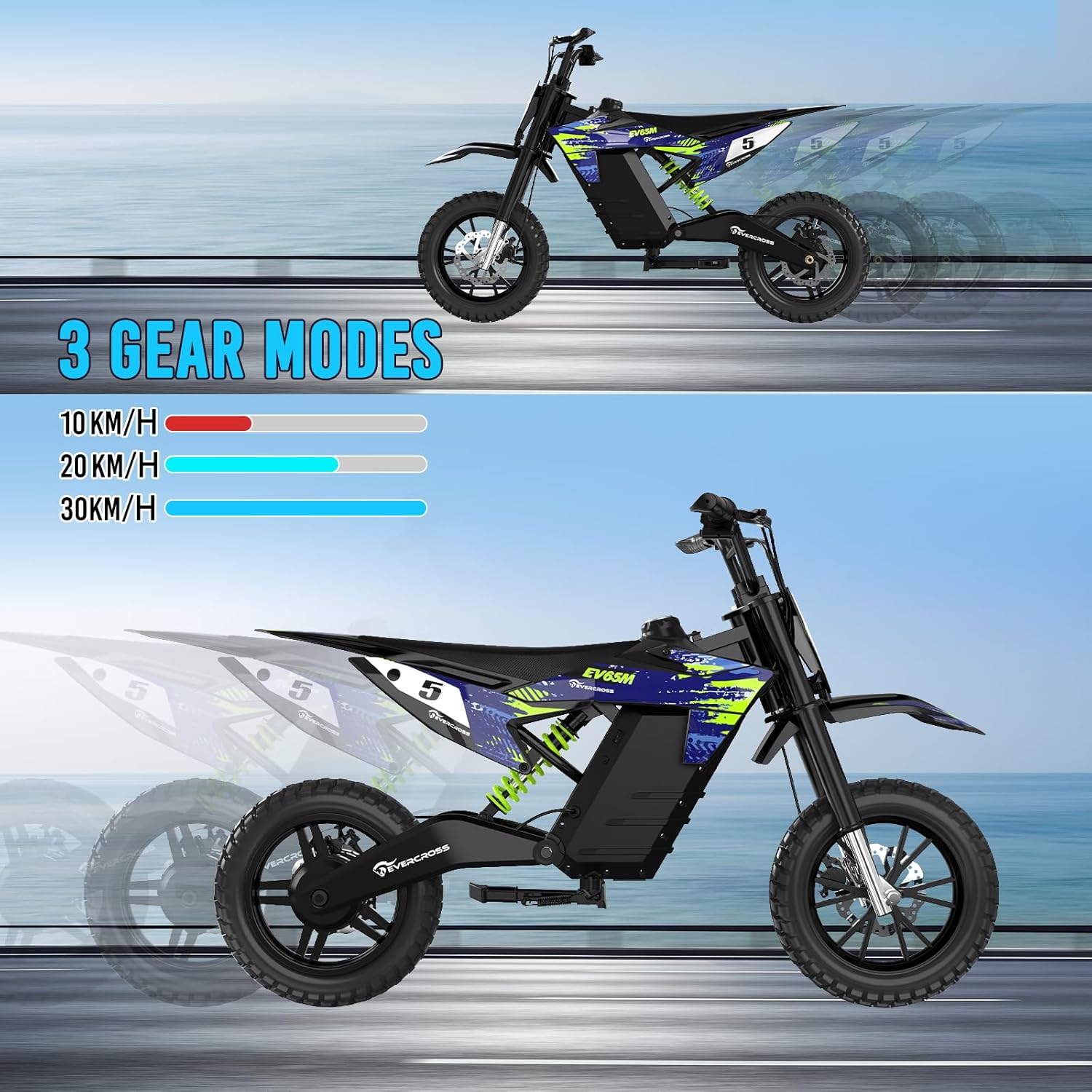 EVERCROSS EV65M Elektro Motorrad, Elektro Motocross mit 48V 7.8Ah, 10/20/30 KMH Geschwindigkeitsmodus, 500W Motor, 14''Luftreifen, Doppelte Stoßdämpfung,Elektromotorrad für Alter 12+ Jahren