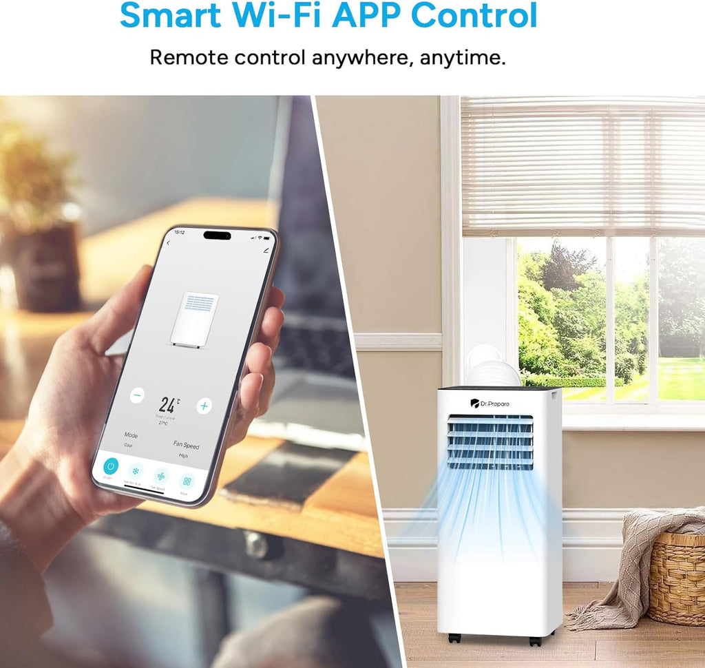 DR.PREPARE Condizionatore Portatile 9000 BTU con APP, Climatizzatore Mobile 4 in 1 con Tubo di Scarico, Raffreddamento & Ventilazione & Deumidificazione, Ventilatore & Modalità Sonno con Telecomando, Rinfresca fino a 30m², Timer 1-24H