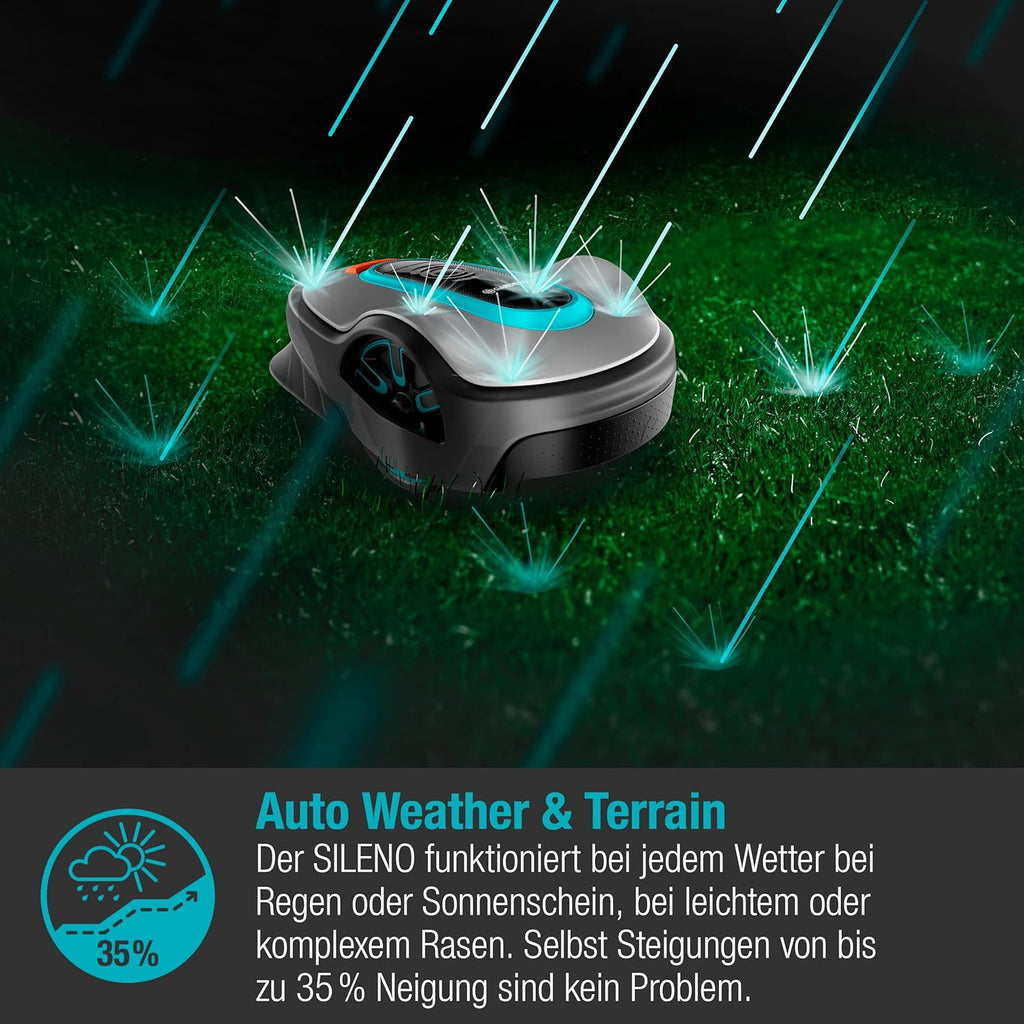 Gardena Rasaerba robotizzato SILENO minimo 500 m: tosaerba intelligente con connettività ottimale, programmabile con l'app Gardena Bluetooth, versione DE (15202-20)