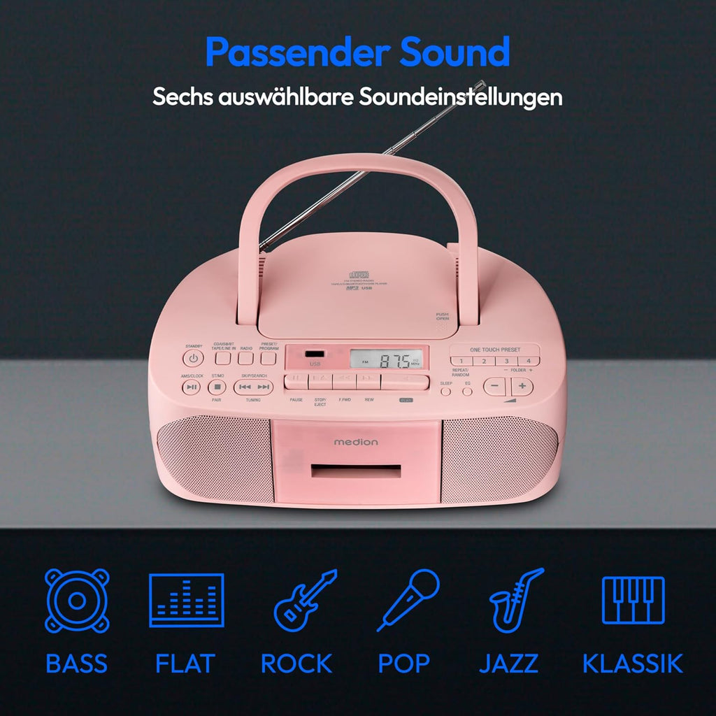 MEDION E65010 Radioregistratore stereo (lettore CD, cassetta, porta USB, ingresso audio AUX, riproduzione MP3, radio PLL FM, 40 stazioni memorizzabili, funzionamento a batteria, telecomando) bianco