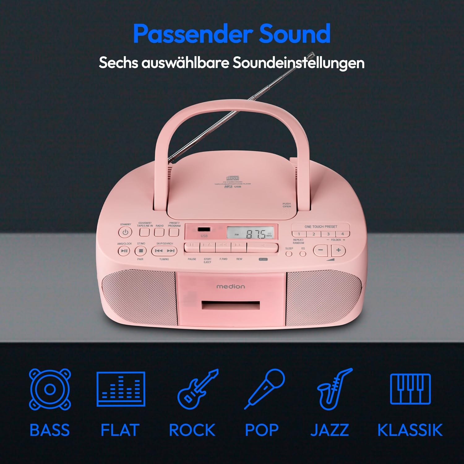 MEDION E65010 Radioregistratore stereo (lettore CD, cassetta, porta USB, ingresso audio AUX, riproduzione MP3, radio PLL FM, 40 stazioni memorizzabili, funzionamento a batteria, telecomando) bianco