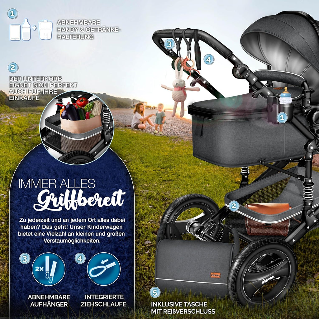 KIDUKU® Set completo passeggino 3 in 1 | Set passeggino combinato con navicella e sedile sportivo passeggino e seggiolino auto ovetto sacco a pelo | Ruote in gomma piena borsa per il cambio scaldamani parapioggia tavolino ECE R129