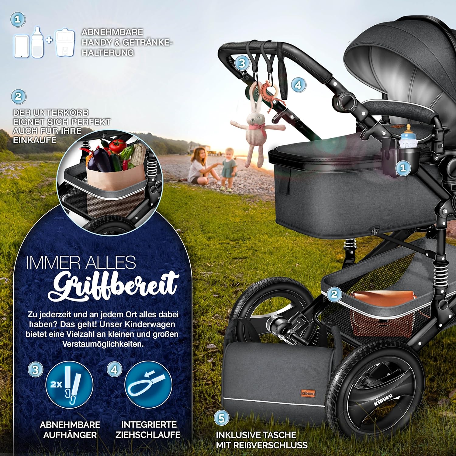 KIDUKU® Set completo passeggino 3 in 1 | Set passeggino combinato con navicella e sedile sportivo passeggino e seggiolino auto ovetto sacco a pelo | Ruote in gomma piena borsa per il cambio scaldamani parapioggia tavolino ECE R129