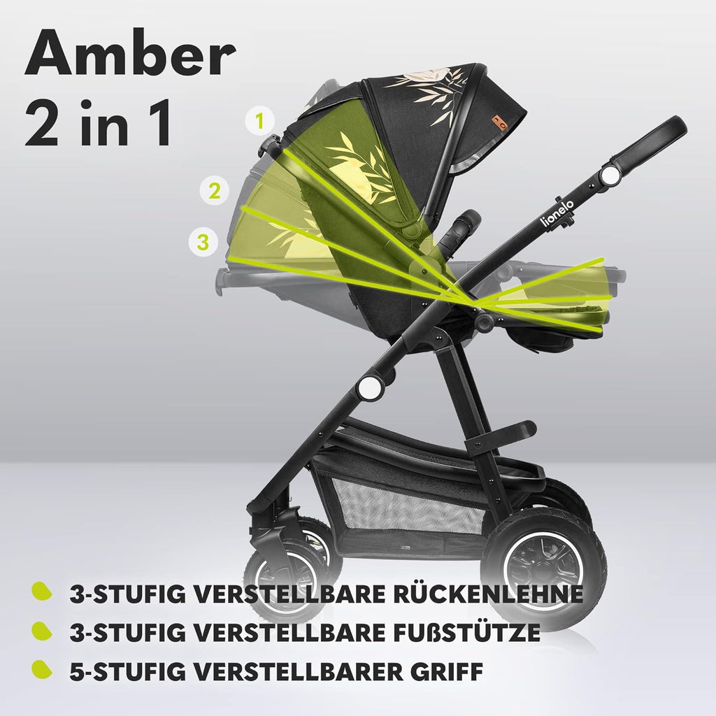 LIONELO Amber Kinderwagen 2 in 1 Kombikinderwagen, Kinderwagen Set mit sportlichen Sitz und fester Babywanne, Tasche, Moskitonetz, Abdeckung Regenblatt (Graphit)