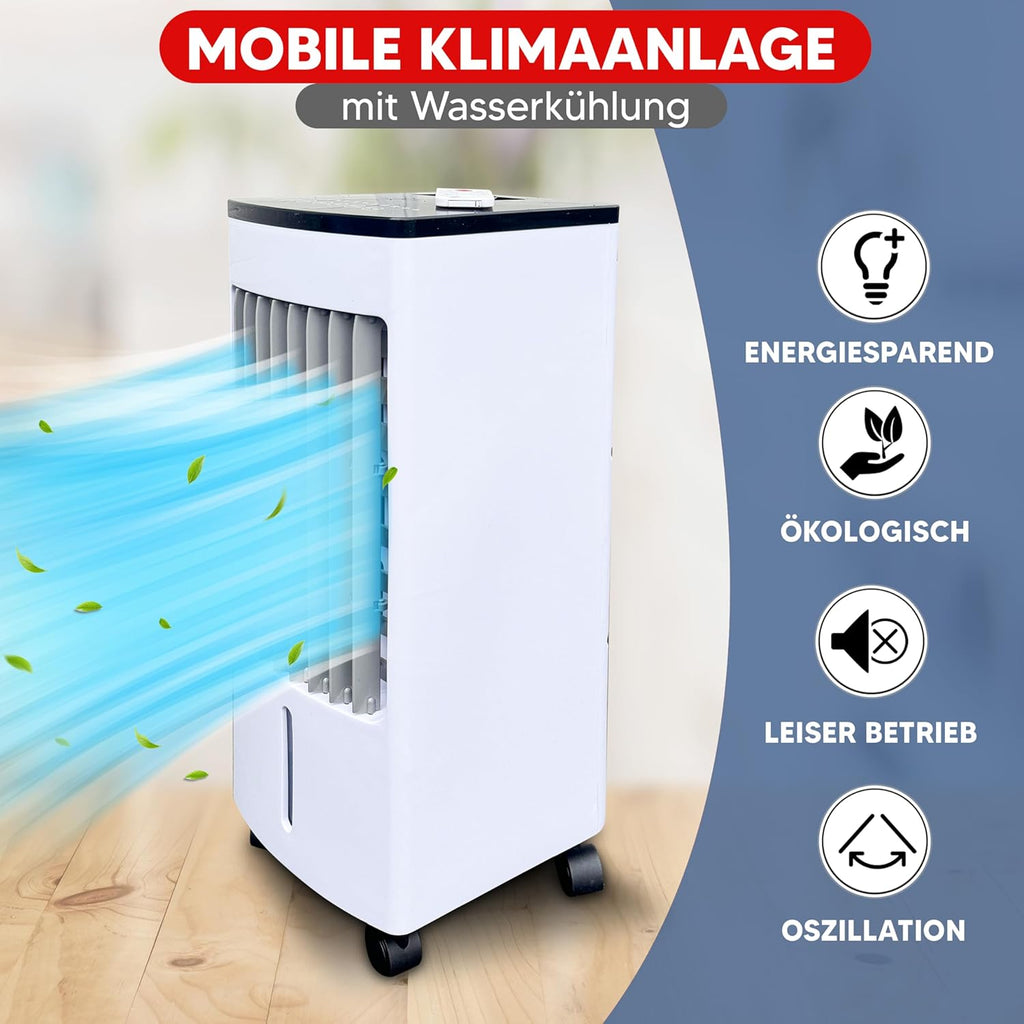 JUNG LIFEAIR Condizionatore Portatile Senza Tubo di Scarico, con Telecomando, Timer 15,5 ore, 60 dBA, 2in1 - Raffrescatore, Ionizzatore, Ventilatore Portatile con Raffreddamento ad Acqua, Climatizzatore Portatile Silenzioso