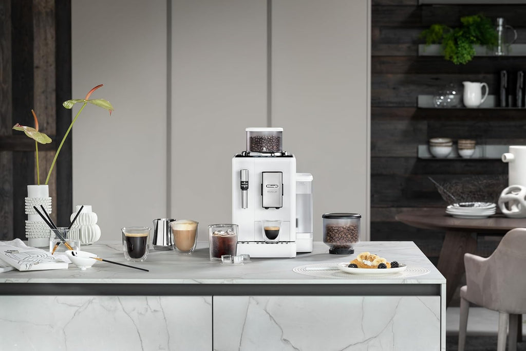 De'Longhi Rivelia EXAM440.55.W Macchina da Caffè Automatica con Sistema LatteCrema, Contenitore chicchi intercambiabile, 16 bevande caffè e latte con un solo tocco, Funzione Extra Shot, Display Touch da 3,5 pollici, Bianco