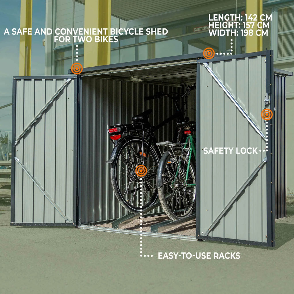 Fornorth box bici da esterno per 2 biciclette 142x198x157cm, grigio scuro
