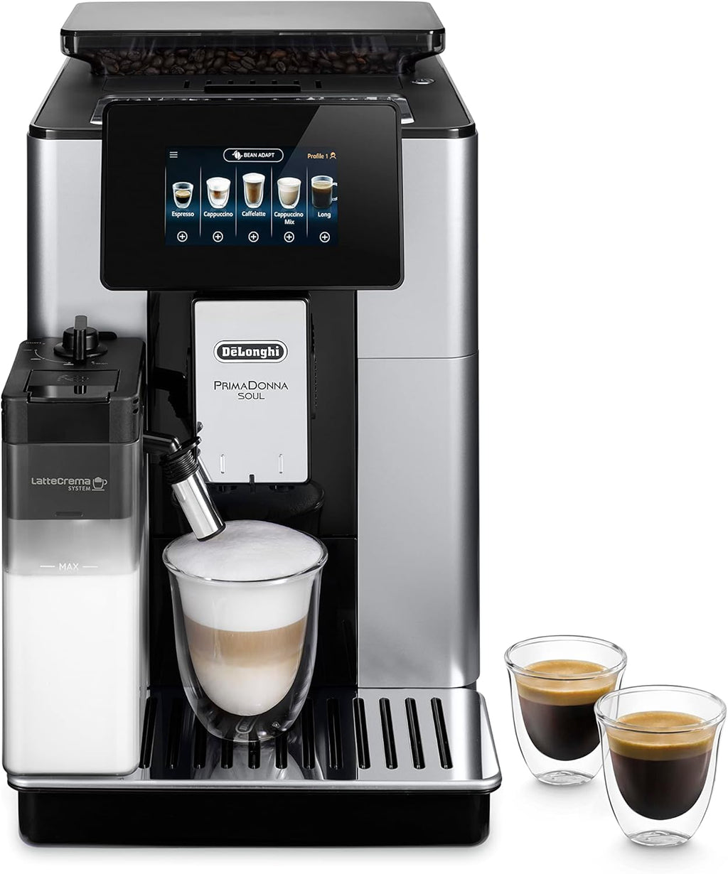 De'Longhi PrimaDonna Soul Perfetto ECAM 612.55.SB Macchina da caffè automatica con sistema LatteCrema e tecnologia Bean Adapt, 18 ricette, con display a colori e controllo tramite app, Argento/Nero
