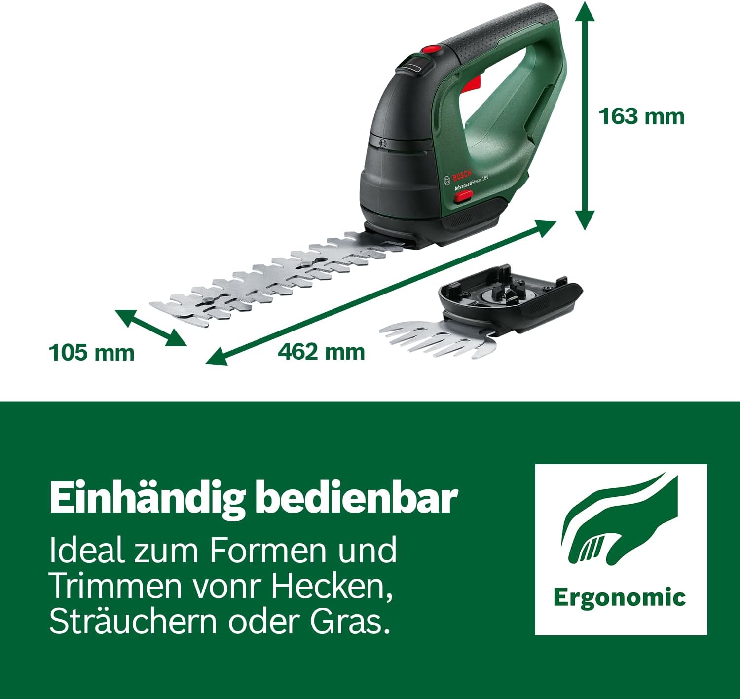 Bosch Akku Grasschere AdvancedShear 18V-10 (1 Akku 2,0 Ah, 18-Volt-System, schneidet bis zu 85 m pro Akkuladung, mit Strauch- und Grasscherenmesser, im Karton)
