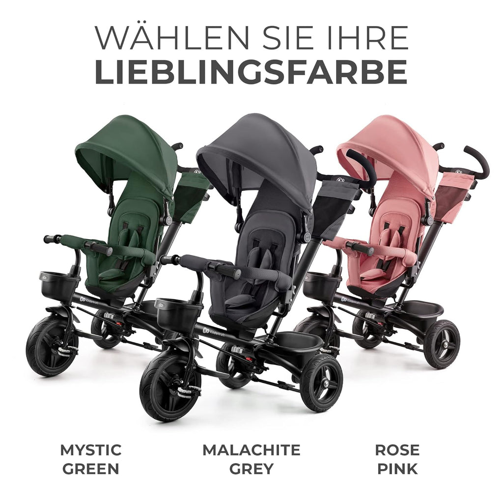 Kinderkraft AVEO Dreirad ab 9 Monate bis 25 kg, Kinderdreirad mit schubstange, Kompakte zusammenklappen, drehbarer Sitz, ausklappbarem Verdeck mit sonnenschutz, Getränkehalter korb im set, Rosa