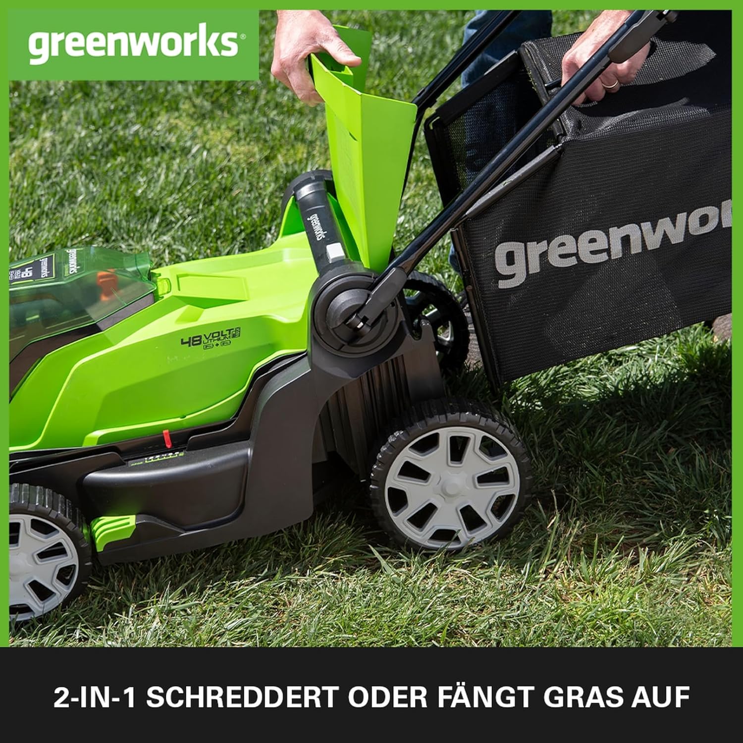 Greenworks 48V (2x24V) Selbstfahrender Akku Rasenmäher für große Flächen bis zu 480m², 46cm Schnittbreite, 55L Sack PLUS zwei 4Ah-Akkus und Doppelladegerät GD24X2LM46SPK4X