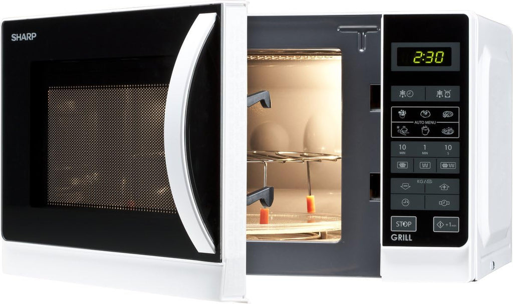 Sharp Libera installazione, R642BKW Forno a microonde 2 in 1 con grill / 20 L / 800 W / Grill al quarzo da 1000 W / 8 programmi automatici / Timer / Blocco bambini / Modalità di risparmio energetico / Piatto girevole in vetro (25,5 cm) / nero
