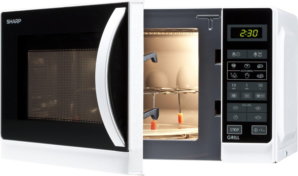 Sharp Libera installazione, R642BKW Forno a microonde 2 in 1 con grill / 20 L / 800 W / Grill al quarzo da 1000 W / 8 programmi automatici / Timer / Blocco bambini / Modalità di risparmio energetico / Piatto girevole in vetro (25,5 cm) / nero