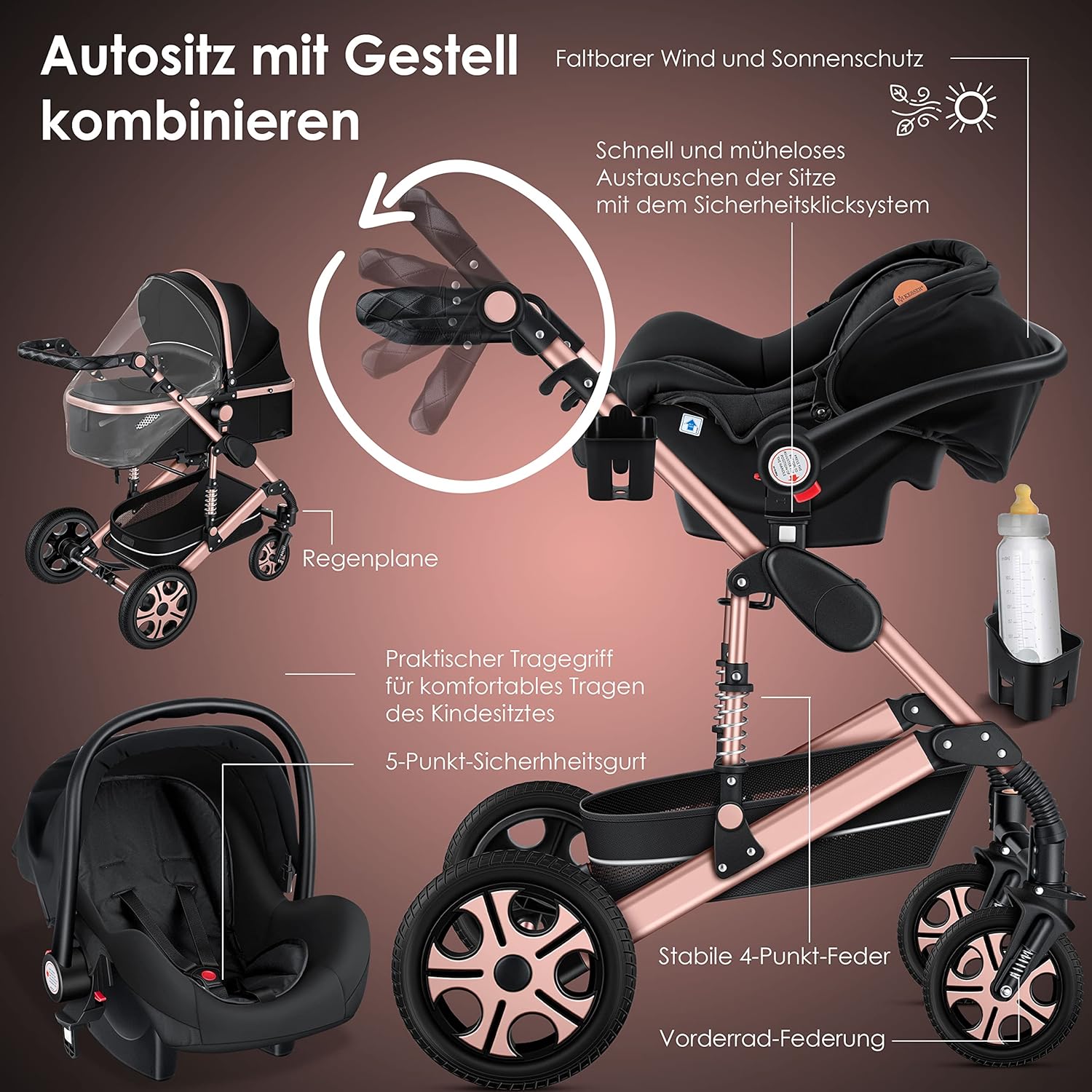 KESSER Passeggino trio Loops 3 in 1, set completo con navicella, seduta sportiva e seggiolino auto con pneumatici in gomma piena, borsa fasciatoio, parapioggia, tavolino, ECE R129, nero/champagne