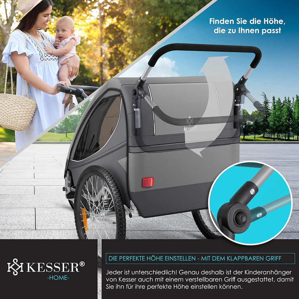 KESSER® Kinderanhänger Fahrradanhänger 360° Drehbar mit Federung 2in1 Joggerfunktion Kinderfahrradanhänger + 5-Punkt Gurt Jogger Fahrrad Anhänger für 1 bis 2 Kinder max. 40kg Inkl. Warnfahne, Schwarz
