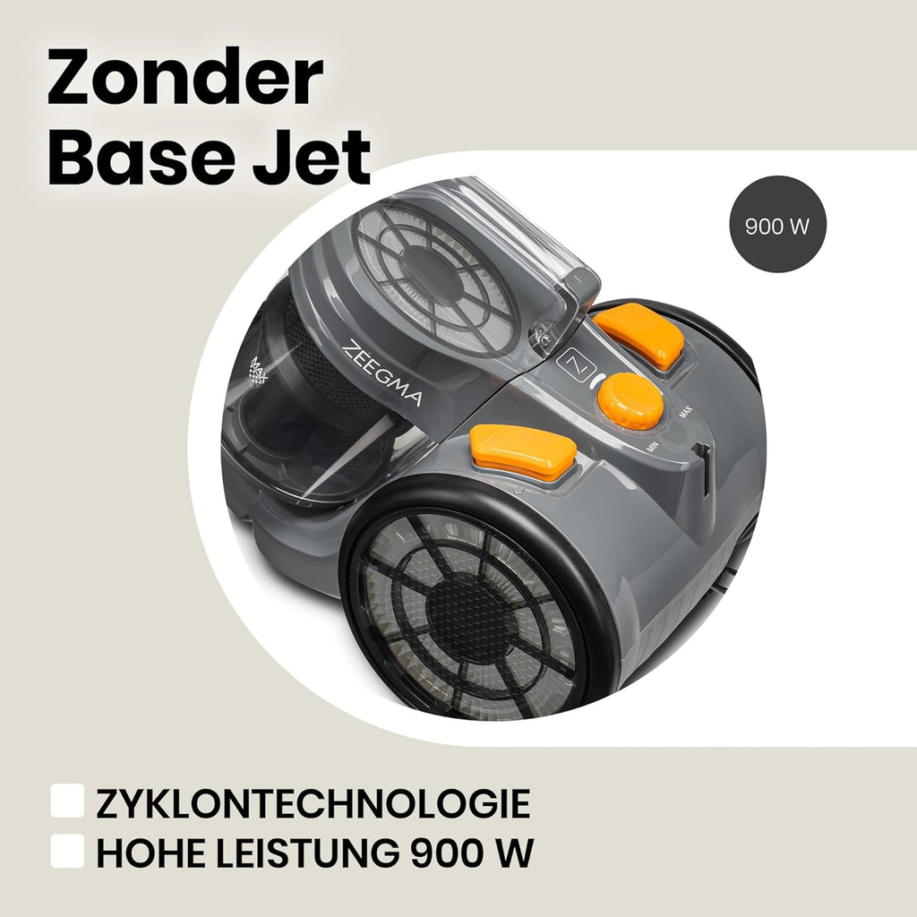 ZEEGMA Zonder Base Jet Staubsauger beutellos mit Set von Aufstzen, Leistung 899W Saugleistung 20 000 Pa, Zyklontechnologie, Turbobürste, 2 HEPA Filter, Staubbehlter 2L