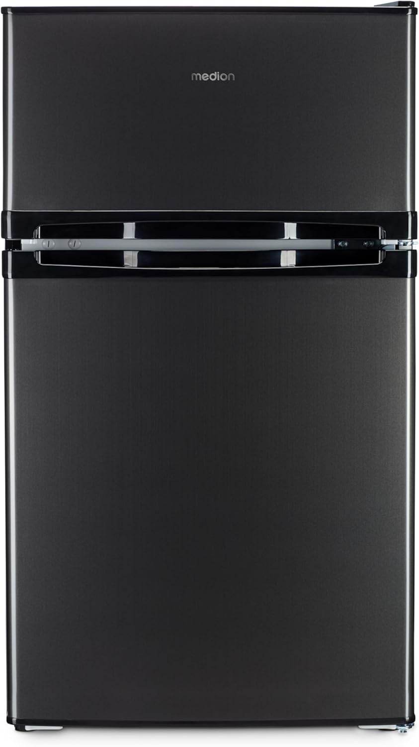 MEDION Mini Frigorifero Combinato (85 Litri, 61L Frigorifero, 24L Congelatore, Libera installazione, 40 dB, Cassetto Trasparente per Verdura, Porta Reversibile, MD 37689) grigio