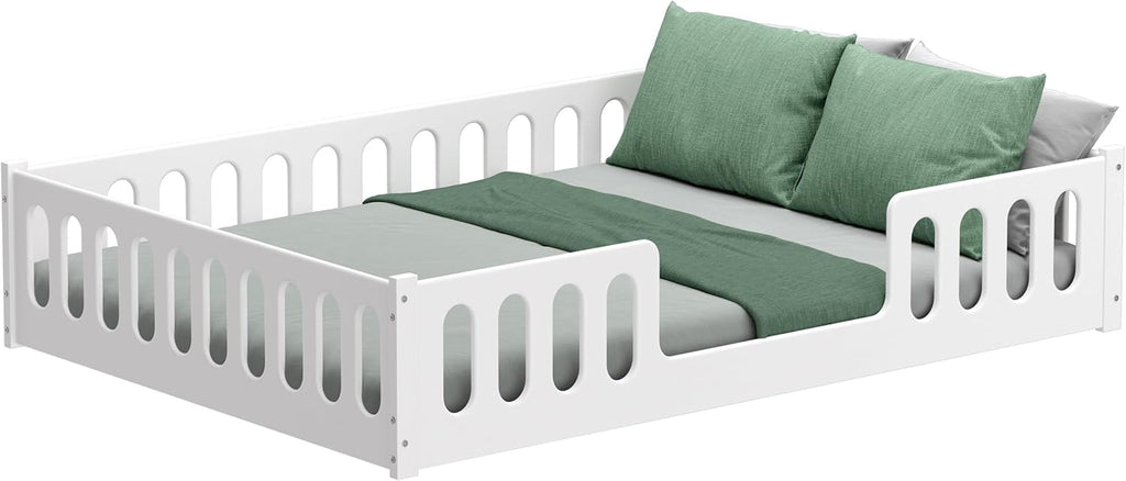CADANI Monte Letto a terra 2in1 140x200 cm Lettino Montessori con sponda di protezione rimovibile - bianco, 46 kg, portata fino a 200 kg, rete a doghe arrotolabile extra robusta, trasformabile