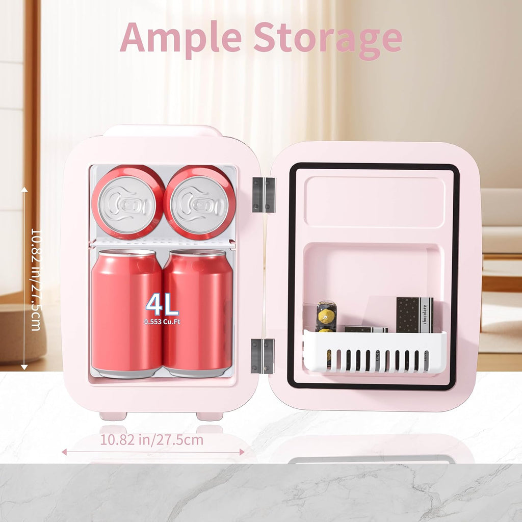YASHE Mini Fridge, 4 Litre Mini Refrigerators for Cosmetics, Drinks, 220 V AC/12 V DC Thermoelectric Cooling and Heating, Small Fridge for Bedroom, Office, Dorm, Car (Pink)