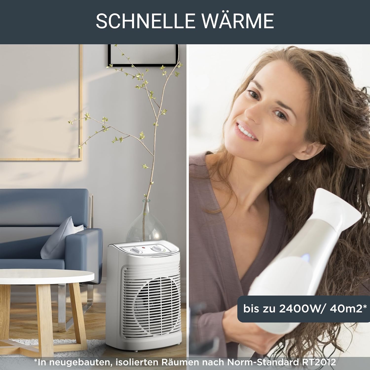 Rowenta Instant Comfort Aqua Termoventilatore, Due Livelli di Riscaldamento, Funzione Ventilatore, Consumo Energetico Regolabile, Silenzioso, Stufa Elettrica, Grigio Chiaro, SO6510F2, 1200 - 2400w