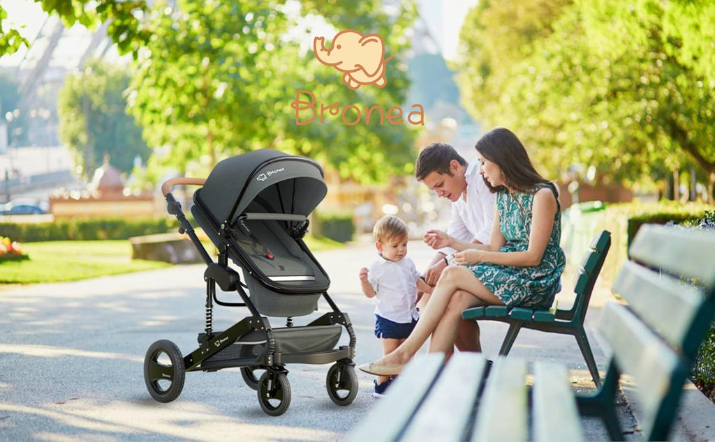 Bronea EXQUISE Kombi-Kinderwagen 3 in 1 INKL. MATRATZE | FARBAUSWAHL | Buggy, Auto-Babyschale, Zusammenklappbar mit Wickeltasche, Regenschutz, Mückenschutz & Sonnenschutz, Farbe:schwarz/champagne