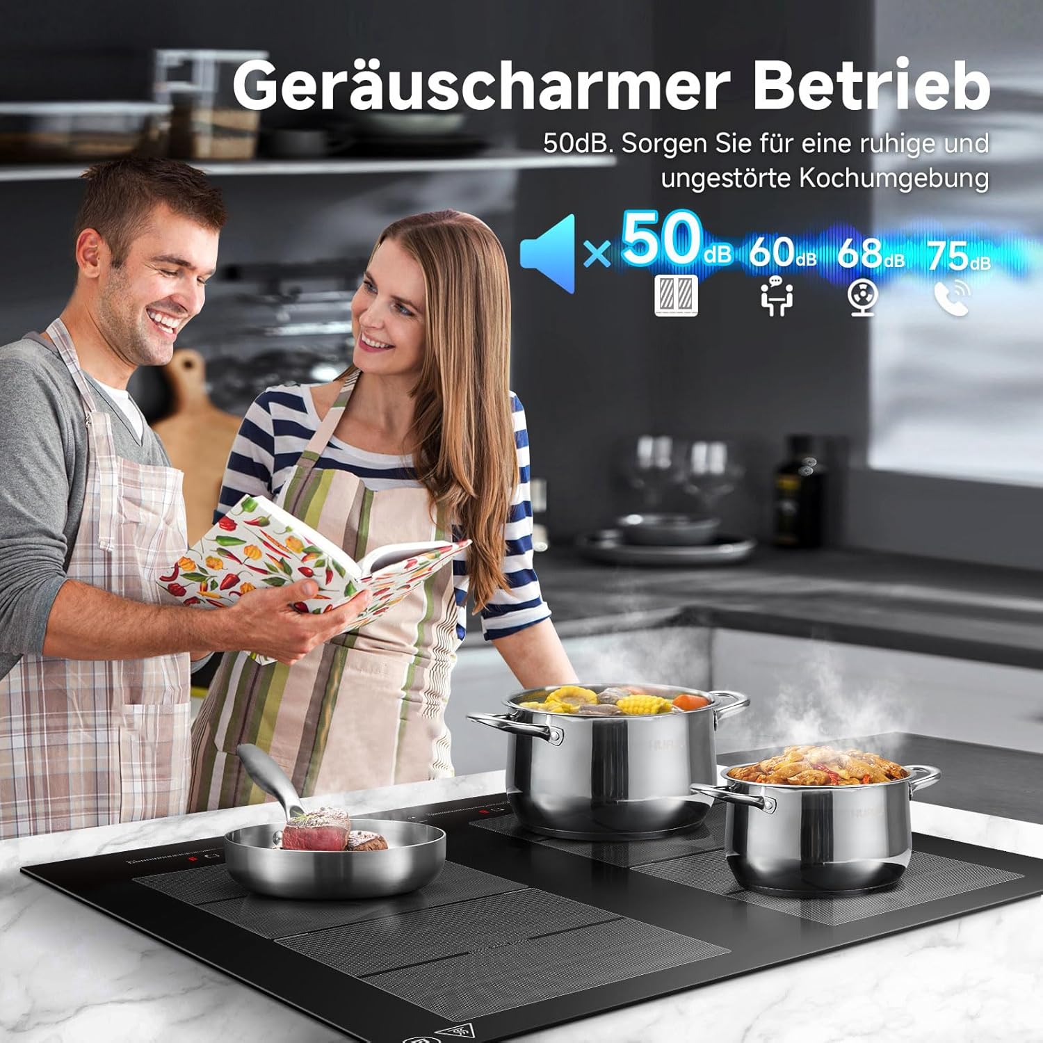 AMZCHEF Piano cottura a induzione 60cm con due zone flessibili, 4 zone, funzionamento silenzioso, 9 livelli di potenza e Booster - funzione BBQ, funzione pausa e mantenimento in caldo, 7400W