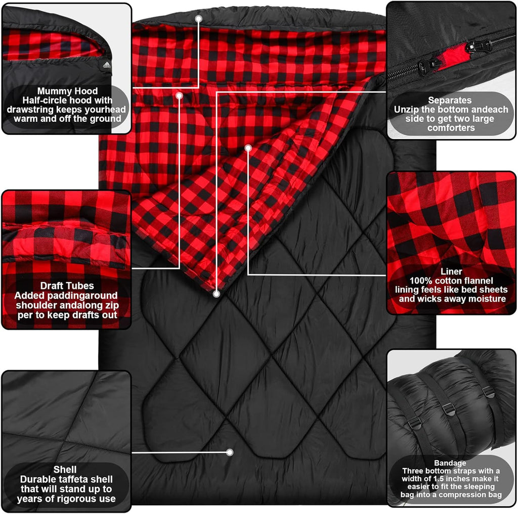 Mcota Winter 0 Grad Doppelschlafsack, Queen-Size-Größe, Schlafsack mit 100% Baumwoll-Flanellfutter, warm und wasserdicht, für 2 Personen Schlafsack für Camping, Angeln oder Jagd bei kaltem Wetter