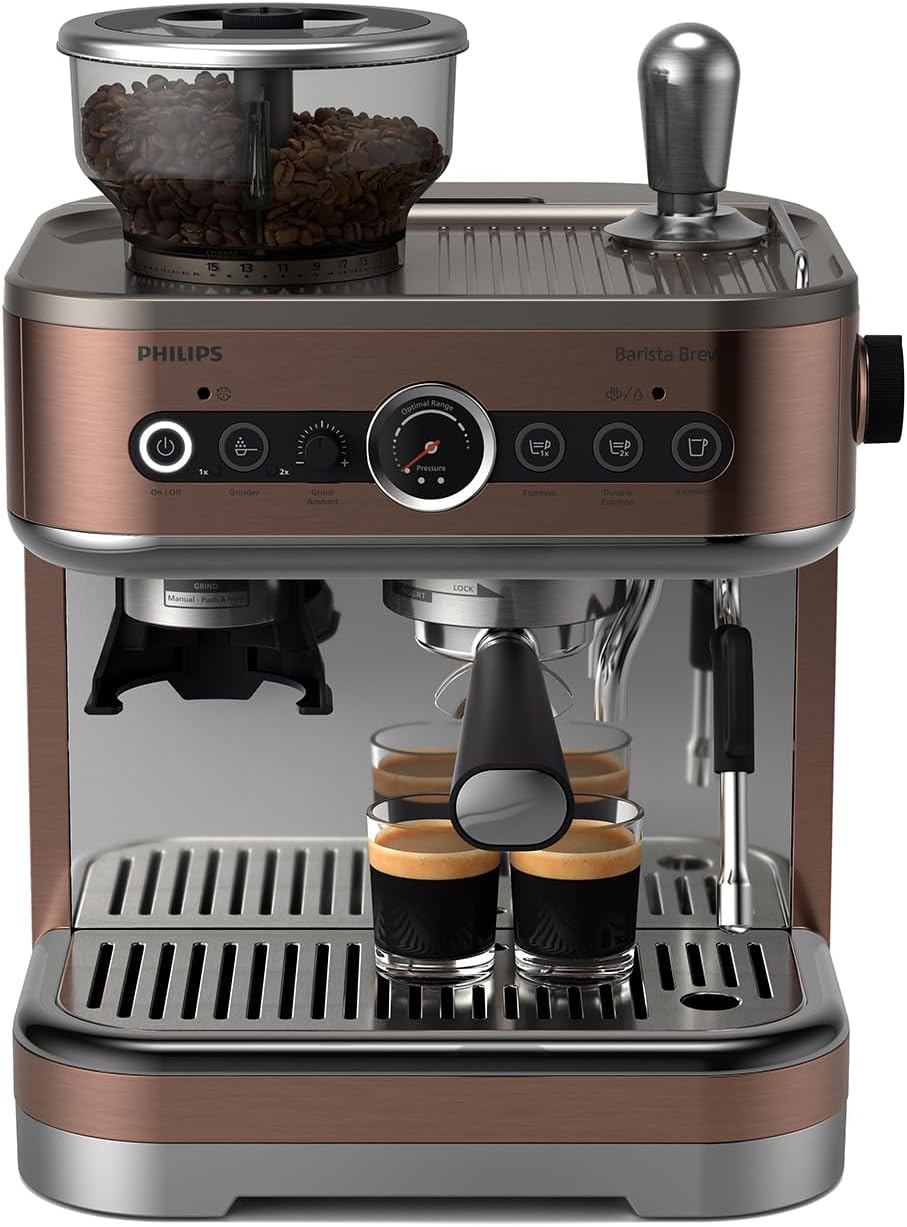 Philips Barista Brew Macchina da caffè espresso semiautomatica - Tasto Espresso singolo e doppio + Americano, Contenitore per chicchi da 250 g, Guida intuitiva, Pressatura calibrata, Argento metallizzato (PSA3218/01)
