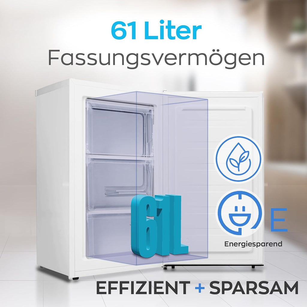Congelatore Heinrich 61 litri -18°C, 3 cassetti congelatore, regolatore temperatura a 7 livelli, Airflow, porta reversibile, bianco