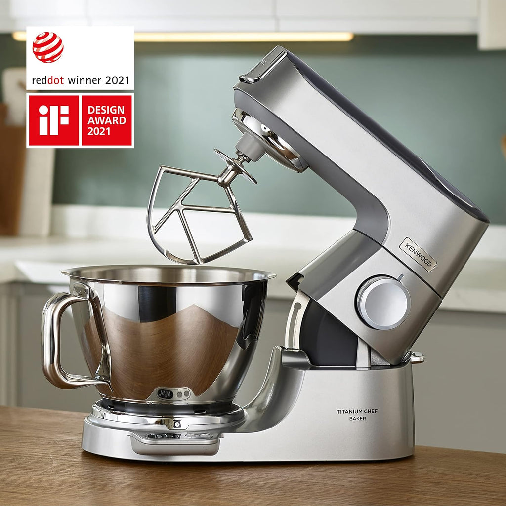 Kenwood Titanium Chef Baker KVL85.424SI Robot da cucina con bilancia integrata, incl. set pasticceria da 4 pezzi, ciotole da 7 L e 5 L, regolazione continua della velocità, 1200 W, Argento