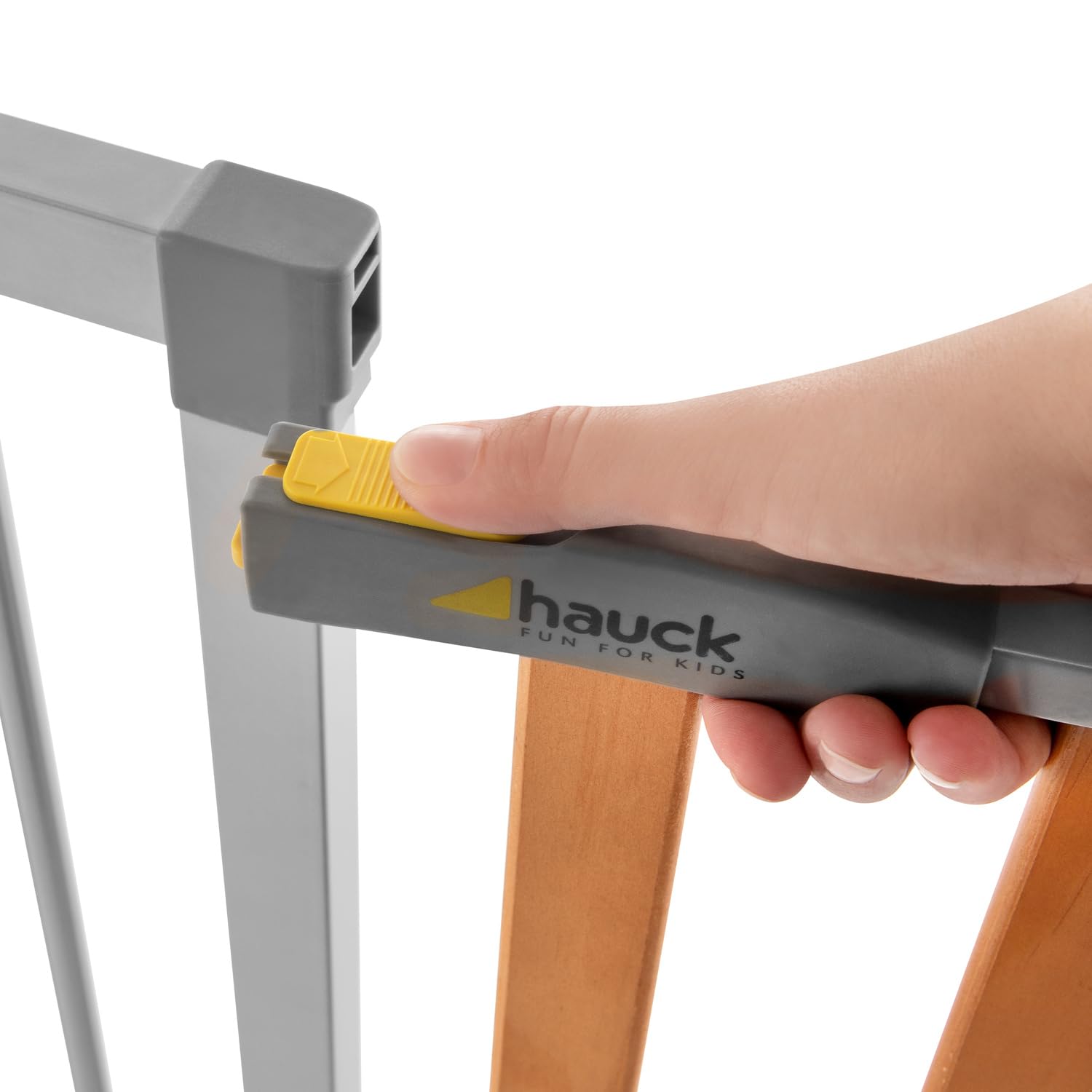 hauck Treppenschutzgitter / Türschutzgitter mit Holzoptik Woodlock 2 mit 9 cm Verlngerung für Breiten 84 - 89 cm, ohne Bohren, 0-24 Monate, Einhndiges ffnen, Beidseitig Schwenkbar, Metall (Silver)