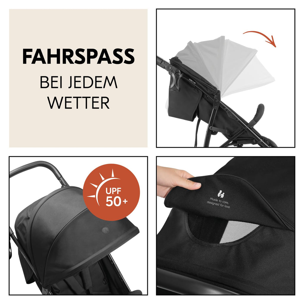 hauck Buggy Rapid 3 Air für Kinder bis 22 kg, Lufträder, Federung, Klein Zusammenklappbar, UV-Schutz 50+, mit Schlaffunktion ab Geburt, Höhenverstellbarer Schieber, Großer Korb bis 3 kg (Black)