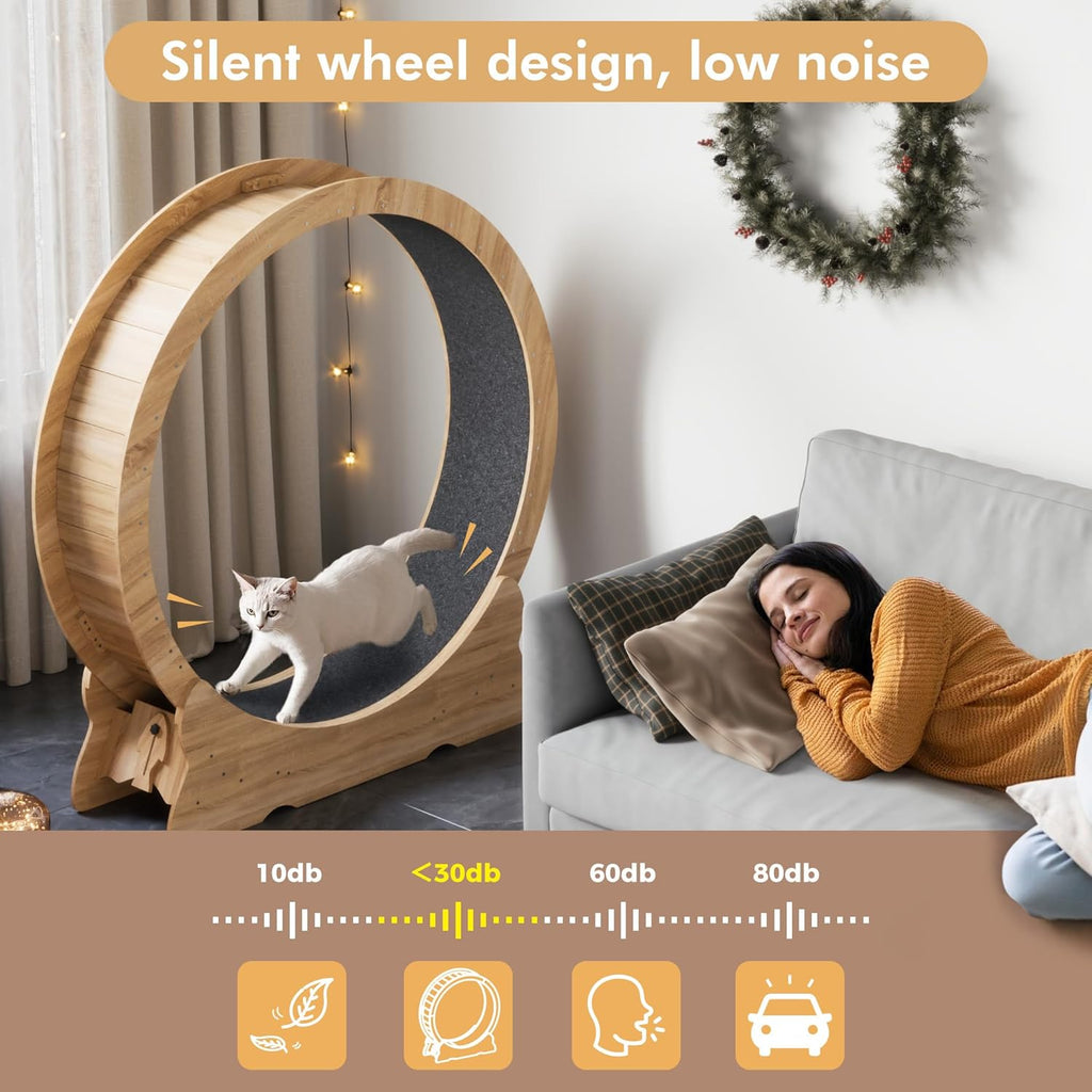 Mondeer Ruota per gatti da interno, tapis roulant da 110 cm con tappeto rimovibile, ruota da corsa in legno per gatti di taglia piccola, media e grande, attrezzo per fitness e perdita di peso, nero