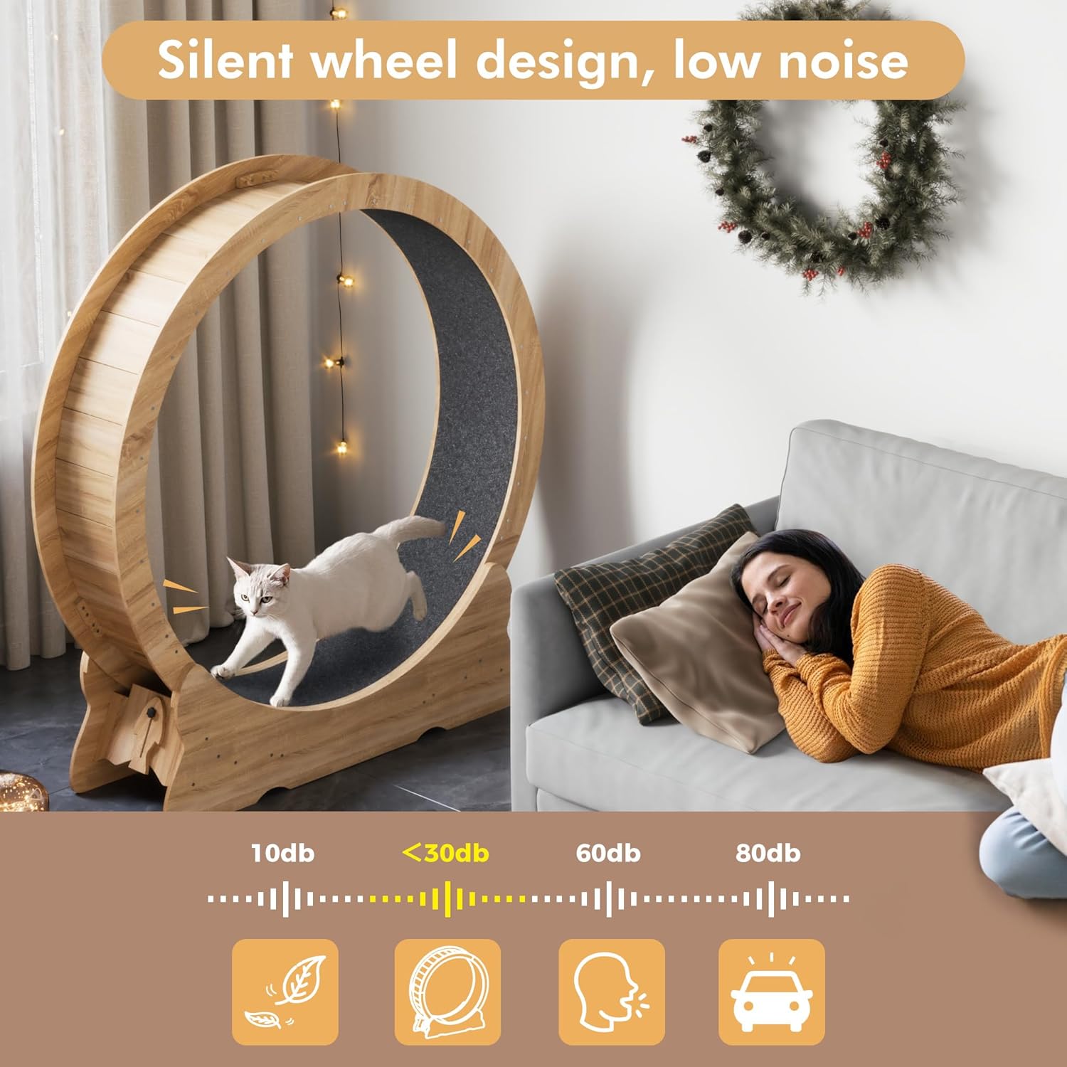 Mondeer Ruota per gatti da interno, tapis roulant da 110 cm con tappeto rimovibile, ruota da corsa in legno per gatti di taglia piccola, media e grande, attrezzo per fitness e perdita di peso, nero