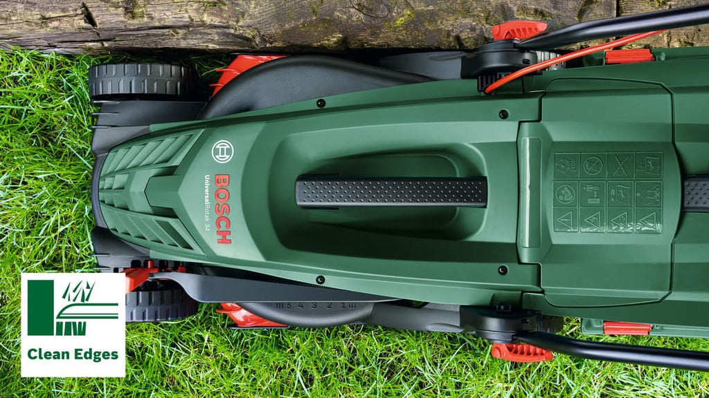 Bosch kabelgebundener Rasenmäher UniversalRotak 34-405 (1300-W-Motor, Schnittbreite: 34 cm, 40-Liter-Grasfangkorb, geeignet für ebenes Rasenmähen und Schneiden kleinster Kanten)