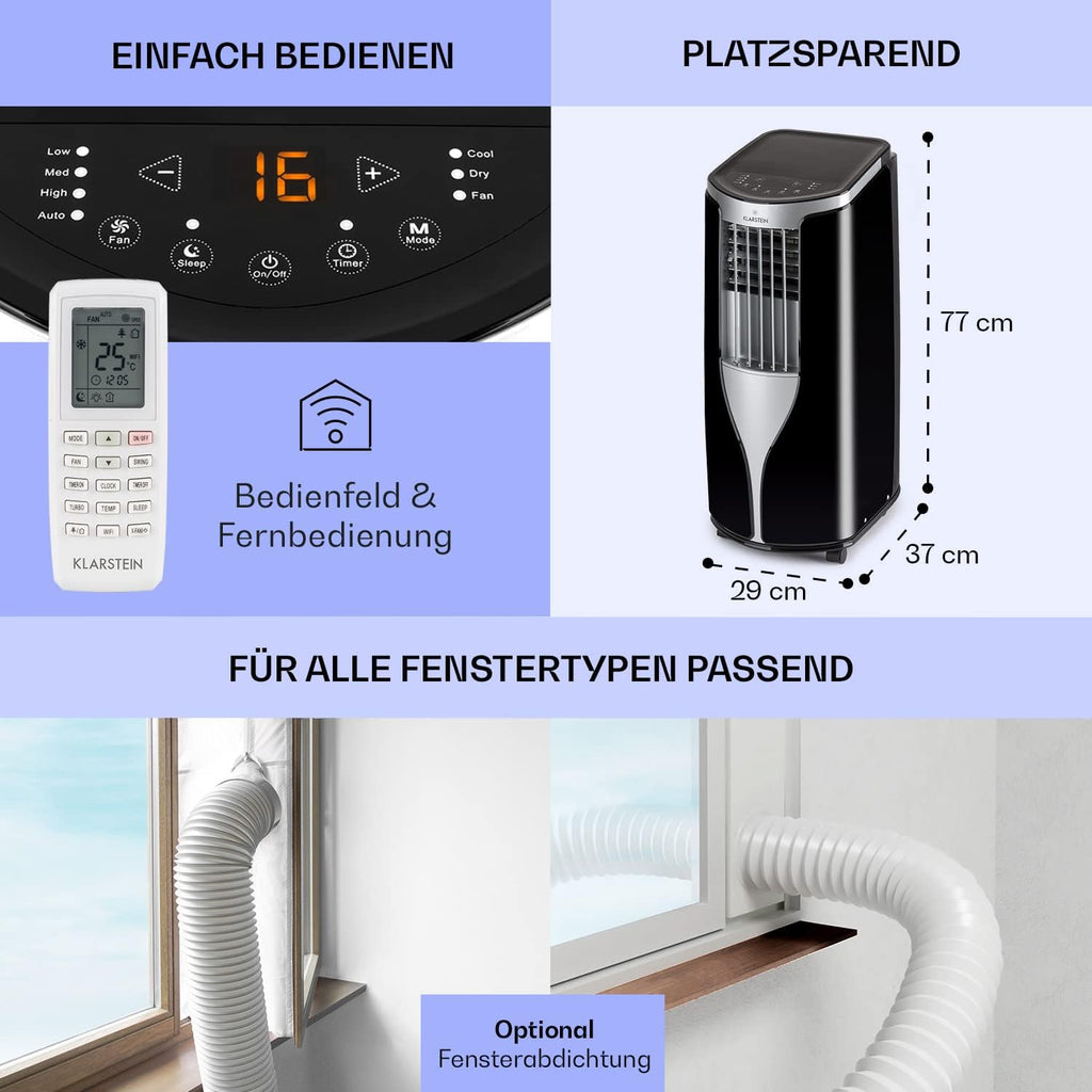 Klarstein Climatizzatore Portatile con Tubo di Scarico, 3-in-1 Condizionatore con Ventilatore e Deumidificatore, Climatizzatore Piccolo e Portatile per Casa e Ufficio, 10000 BTU AC a Basso Consumo