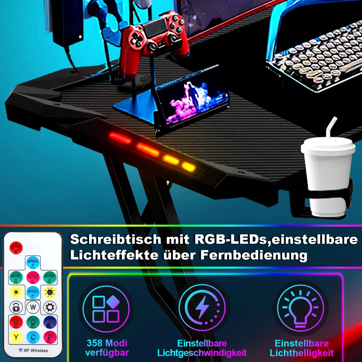 Sonnewelt Scrivania da gaming Scrivania da gioco 120/140 cm con telecomando LED